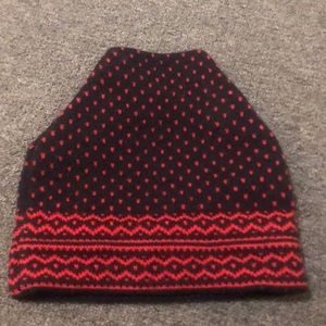 Handmade Fair Isle knit hat in black and red beanie